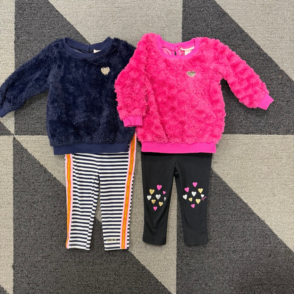 Lot of 2 Girls Juicy Couture 18 Months Matching Sets Pink Navy Blue Baby Toddler